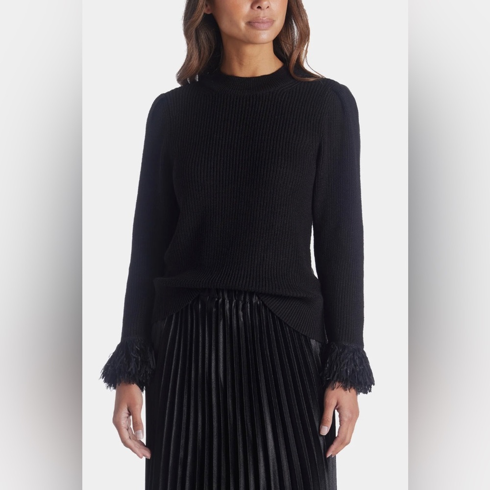 Nic + Zoe Black Sundown Fringe Sleeve Sweater Size Small